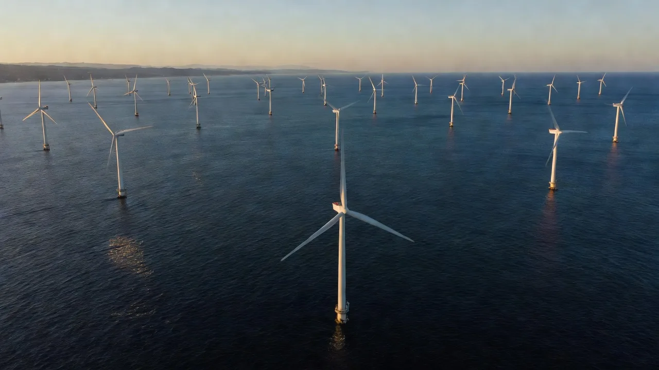 朝日の中の洋上風力発電施設